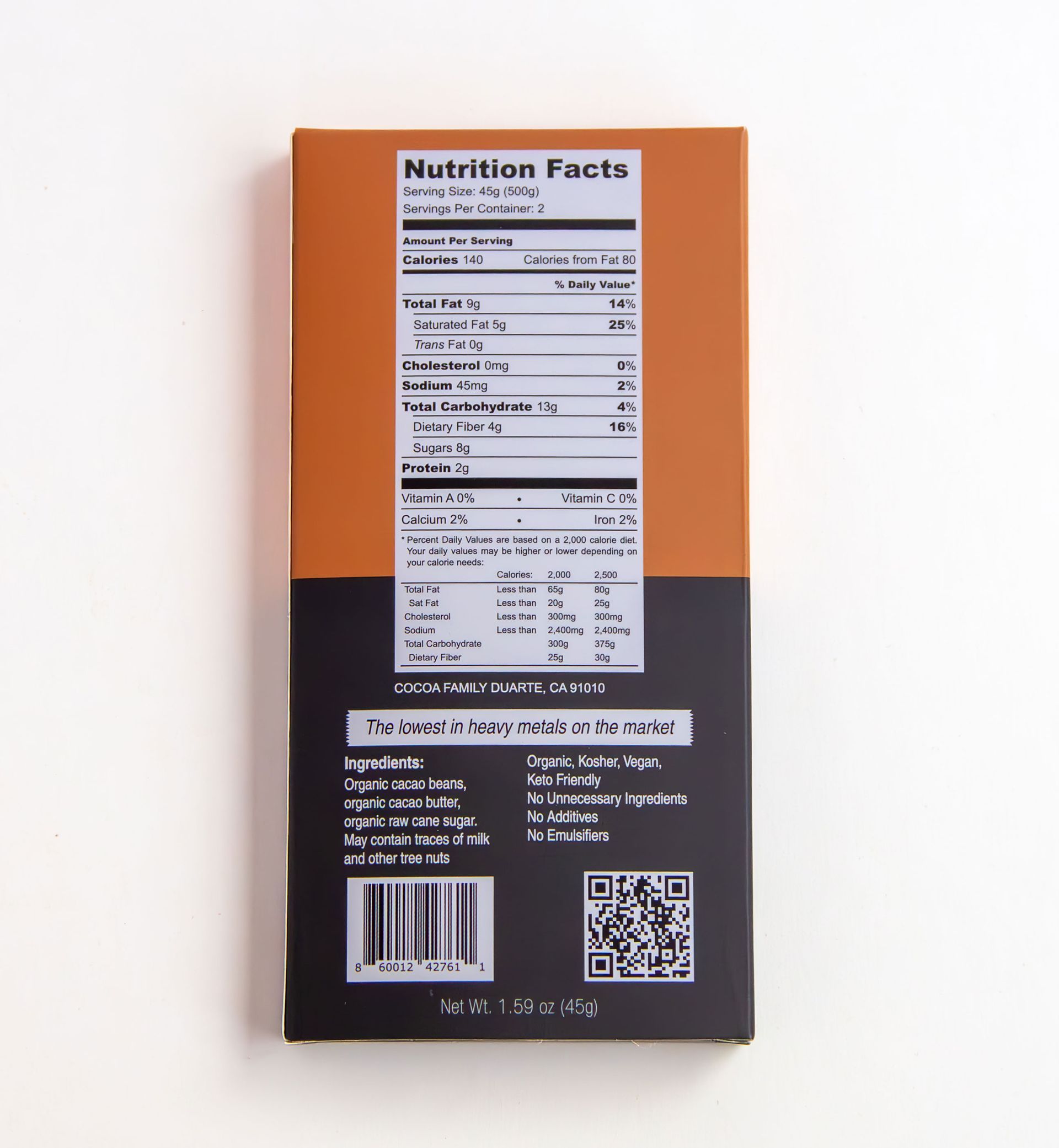 A box of cocoa family dark chocolate bar