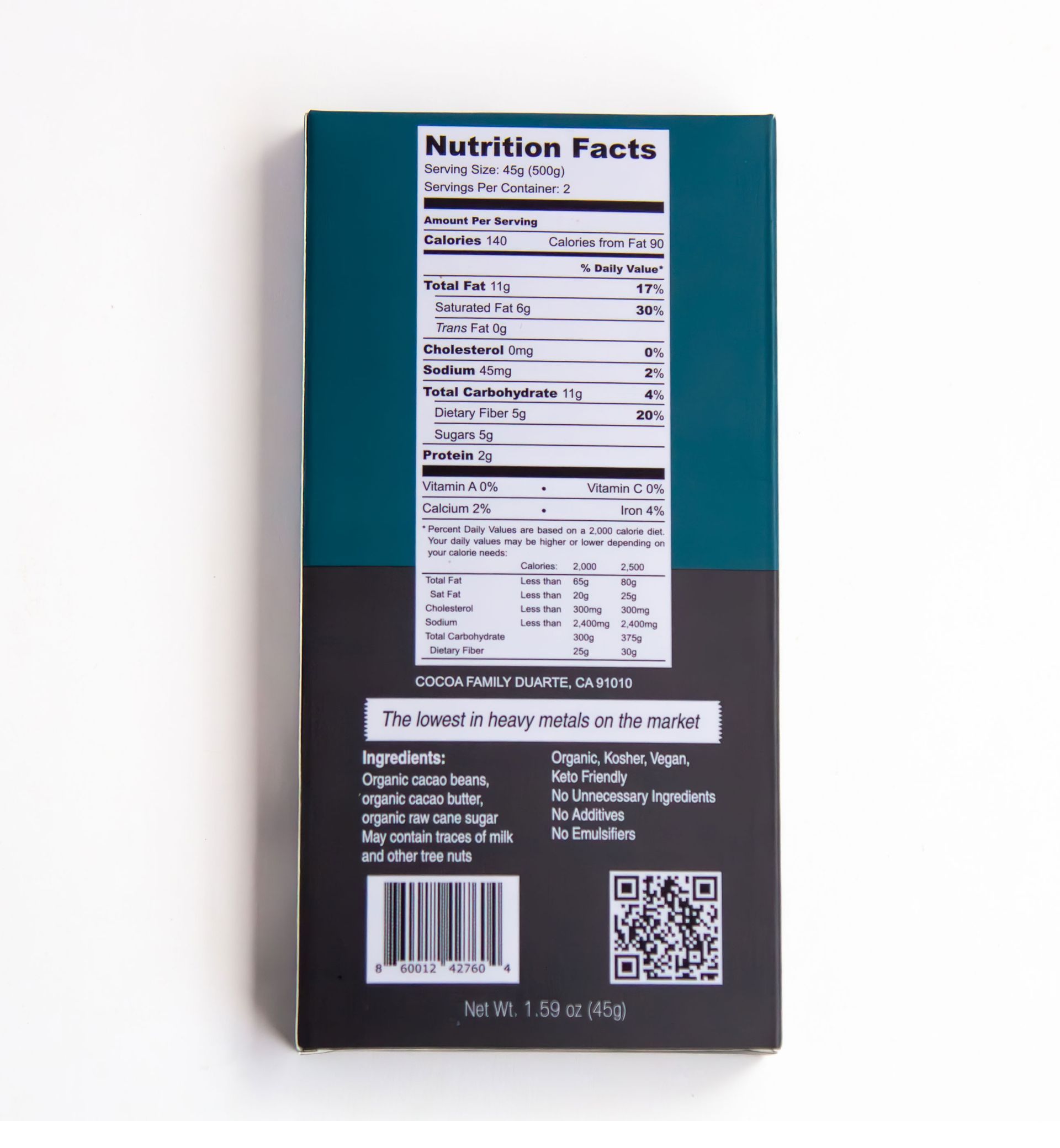 A dark chocolate bar from the cocoa family