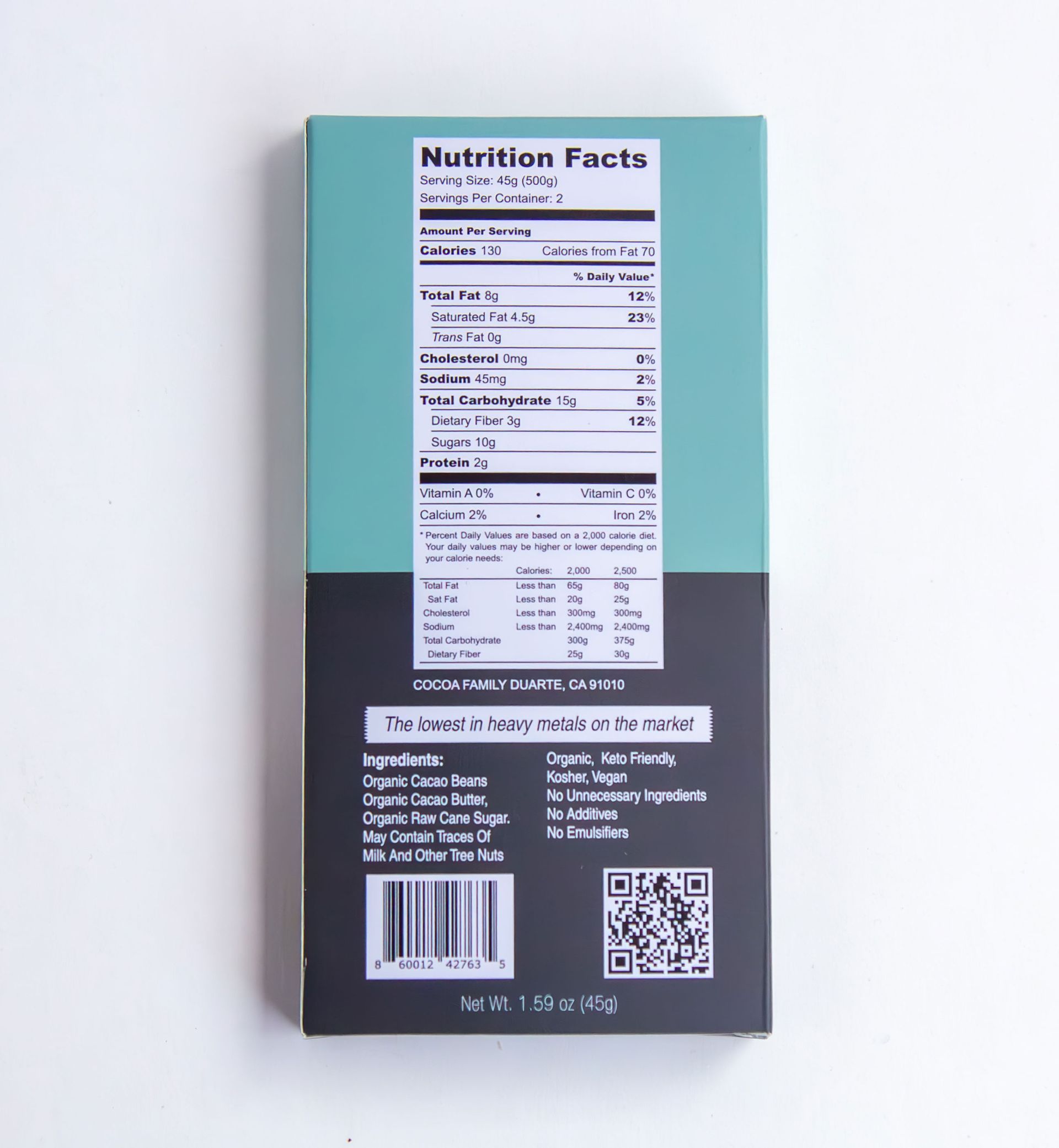 A box of cocoa family 50 % organic cacao