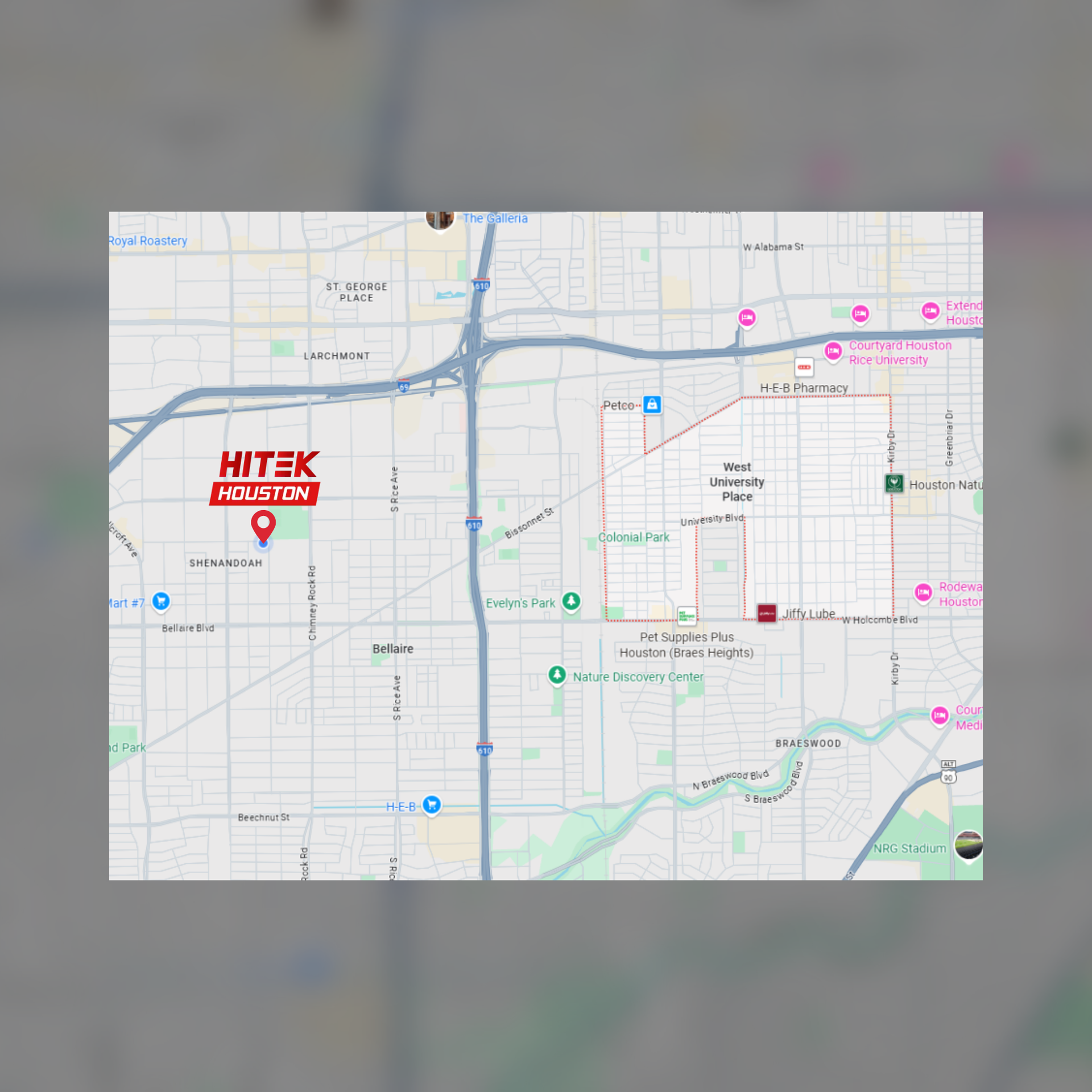 Map with a marker indicating HiTek Houston's location, near a highway intersection.