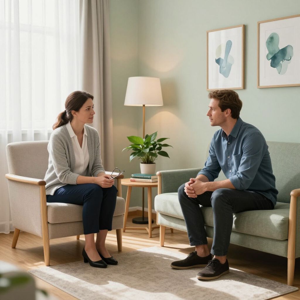 A professional consultation in a calm, neutral-toned office with two people sitting and talking to each other.