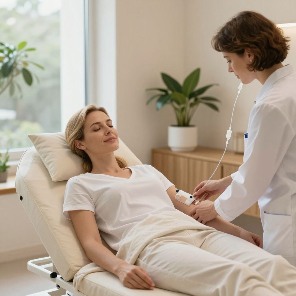 A healthcare professional in a white coat administers an IV drip to a patient lying comfortably on a medical exam bed.