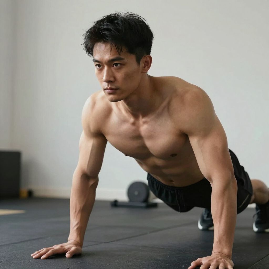 A focused person with an athletic build performs a push-up in a gym.