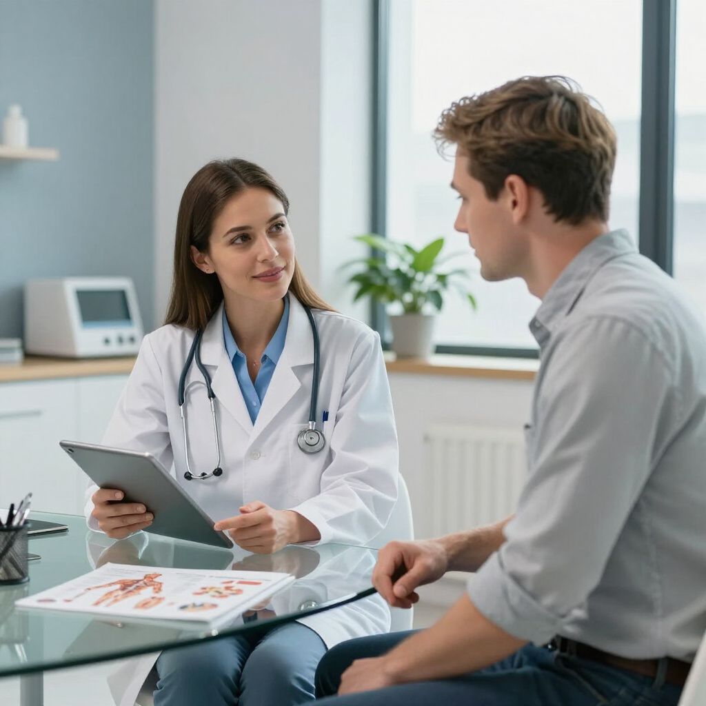 A healthcare professional in a white coat sits at a desk discussing a digital tablet with a patient in an office.