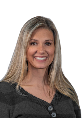 A smiling person with long blonde hair, wearing a gray textured V-neck sweater against a white background.