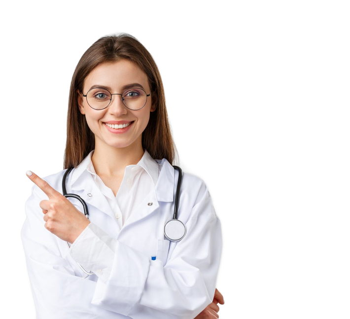 A doctor in a white coat and stethoscope smiling and pointing to the left against a white background.