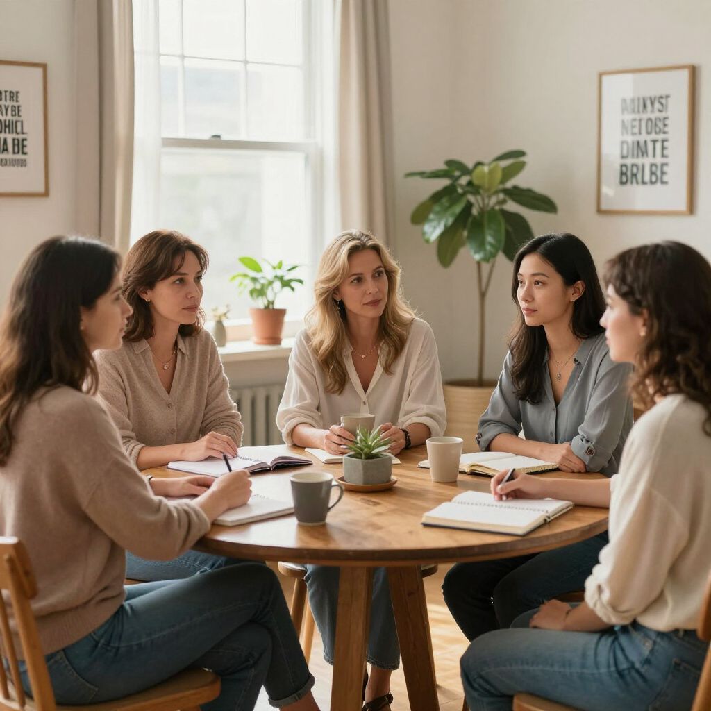 Five people sit around a wooden round table in a bright room, discussing work with notebooks and coffee cups.