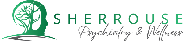 Logo for Sherrouse Psychiatry & Wellness featuring a green silhouette of a head containing a tree.