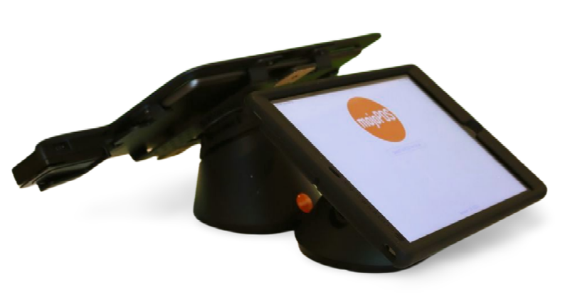 A computer with a screen that says ' swipe ' on it