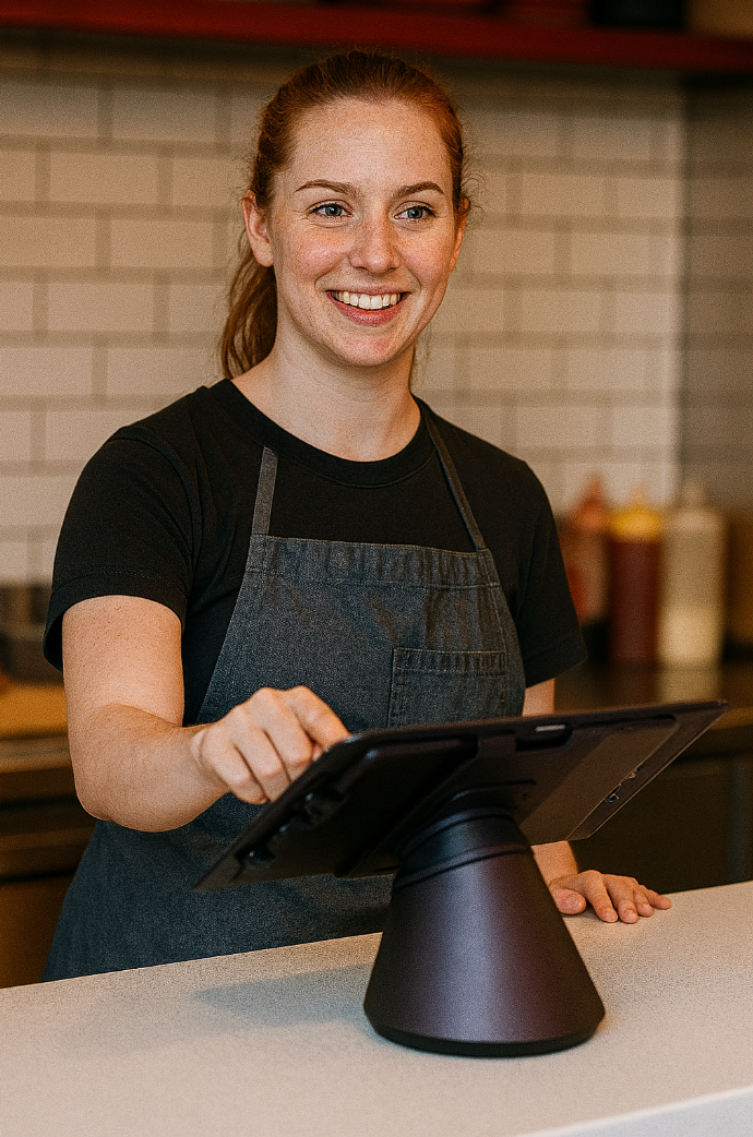 A woman is standing at a counter using a tablet computer.