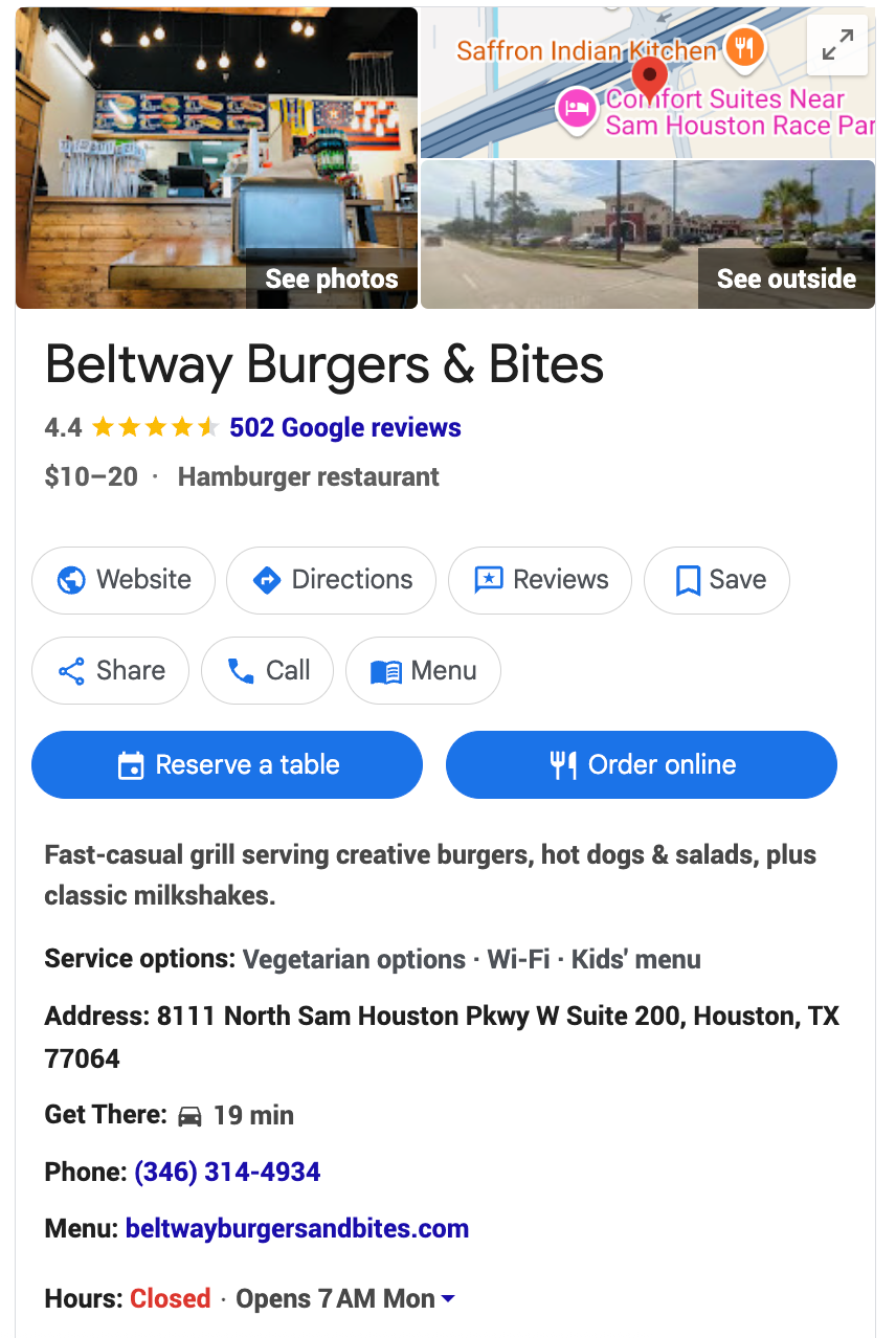 A screenshot of a google maps page for beltway burgers and bites.