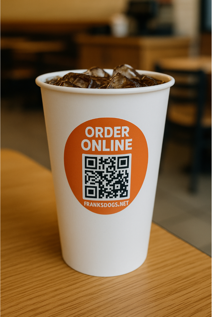 A cup of iced tea with a qr code on it.
