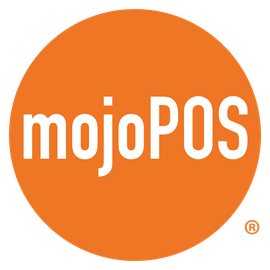 A logo for mojopos in an orange circle