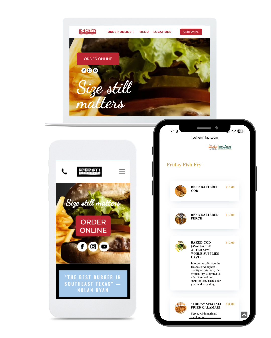 A laptop , cell phone , and tablet are displaying a website for a restaurant.