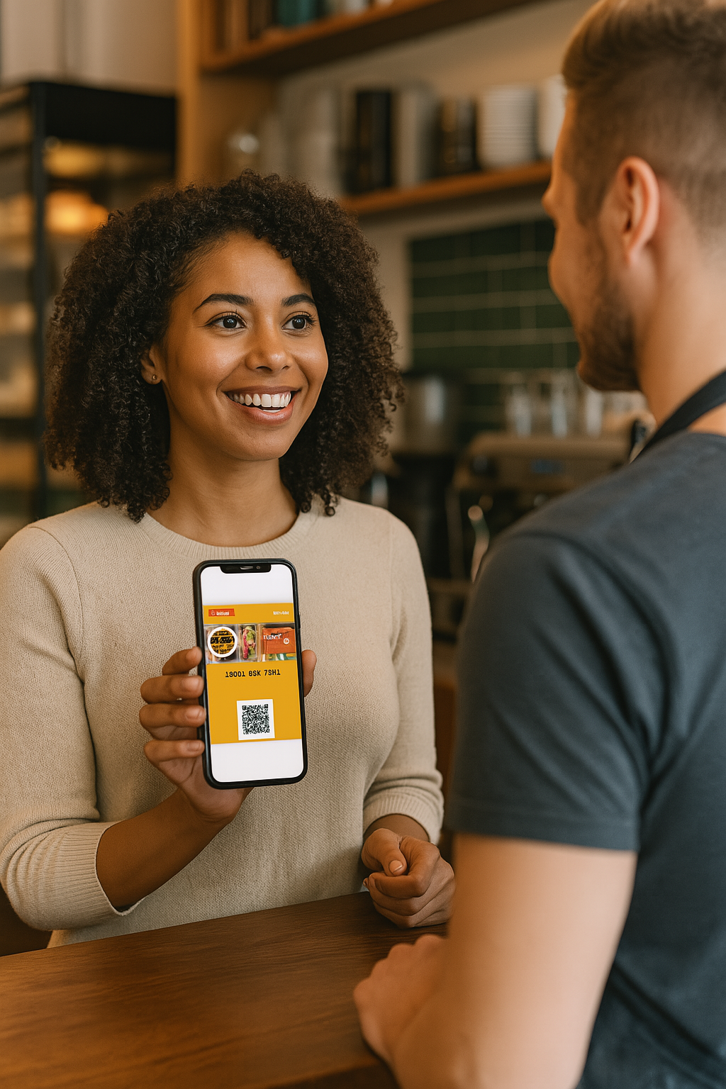 A woman is holding a cell phone in front of a man in a restaurant.