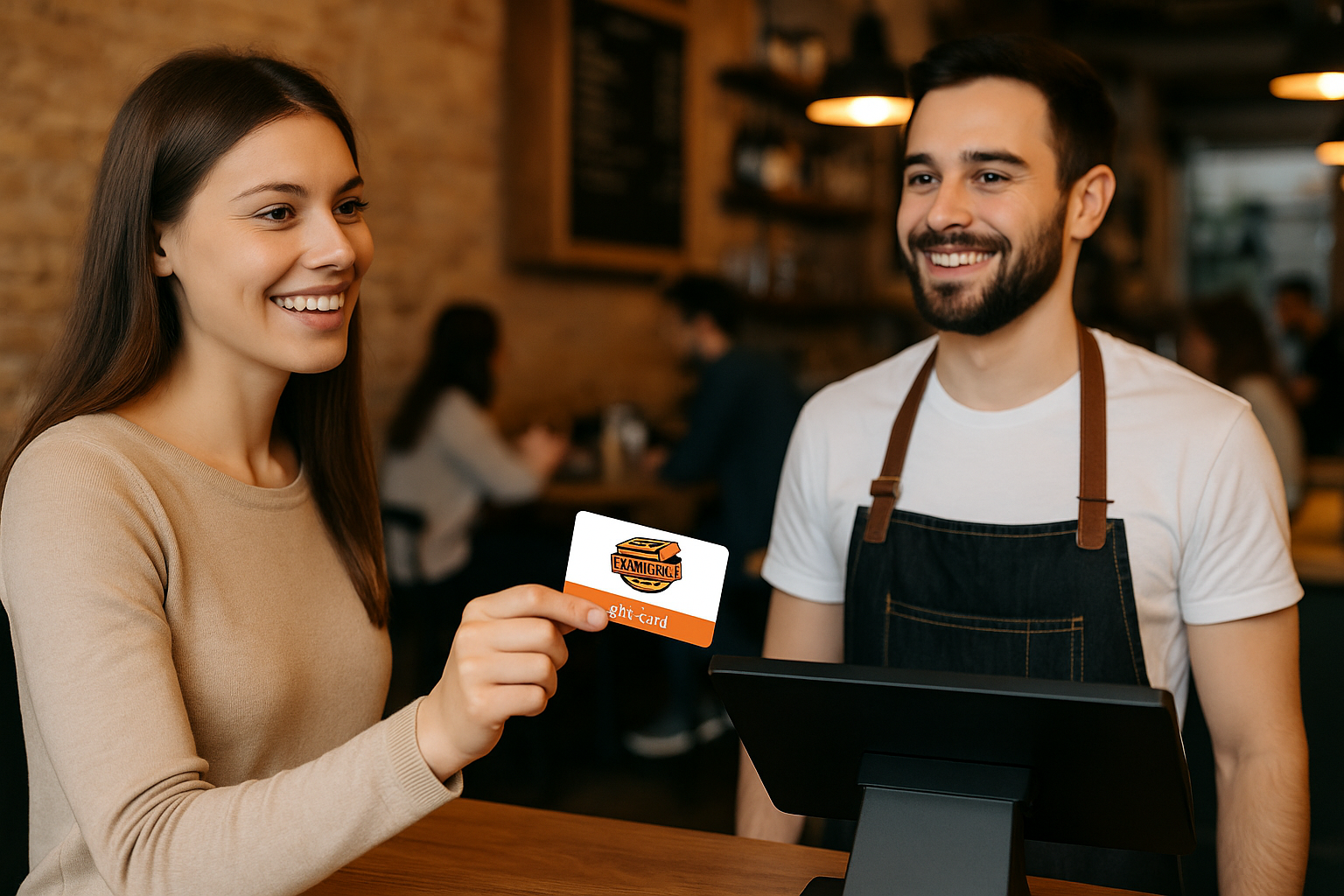 A woman is giving a credit card to a waiter in a restaurant.
