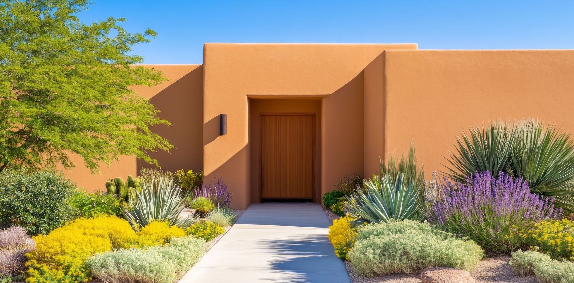 An Adobe home with southwestern landscaping