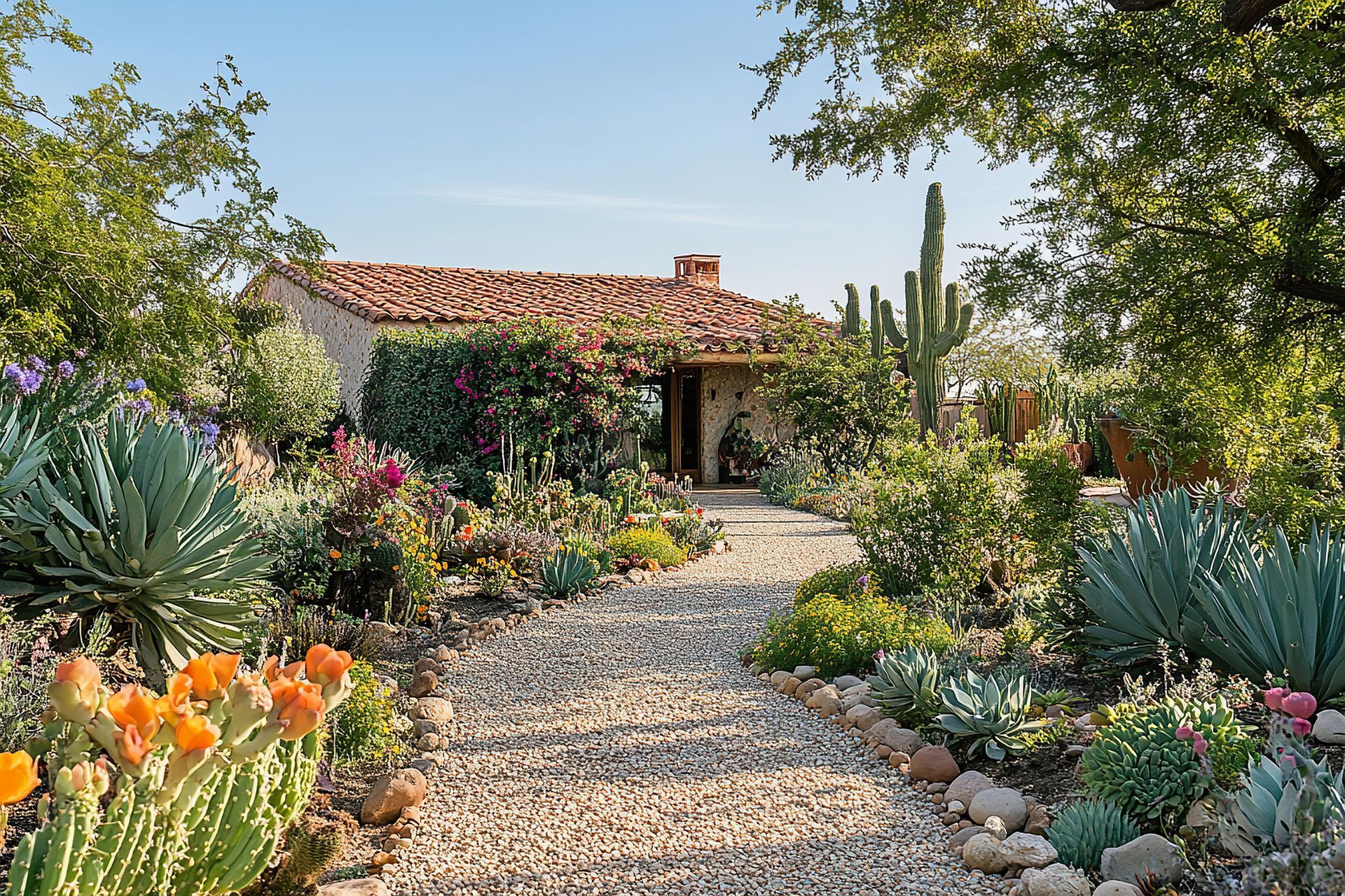 A gravel pathway leading to a home with cacti and succulents along the edge.