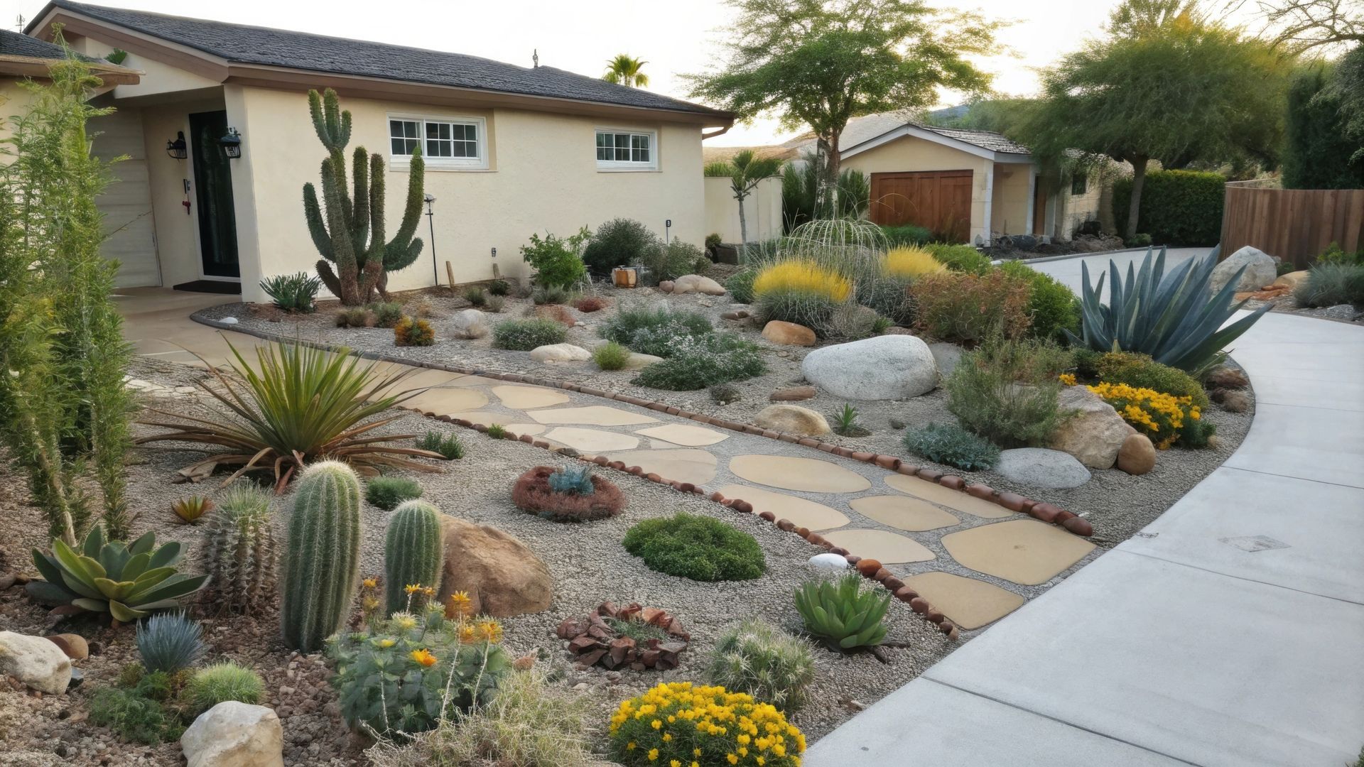 Xeriscaping the front yard with a wide variety of cacti