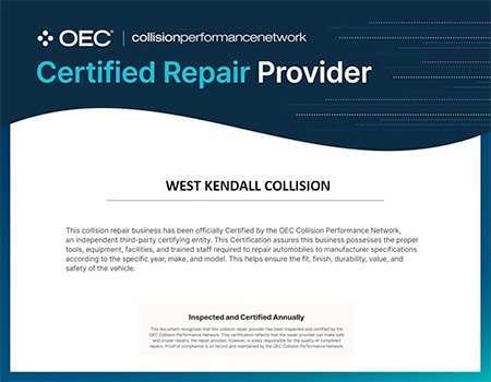 West Kendall Collision certified repair provider certificate. Dark blue border with white text.