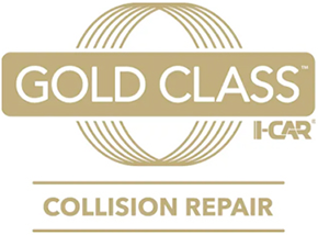 A gold class collision repair logo on a white background