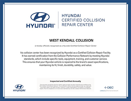 Kia Certified Collision Repair Center certificate. West Kendall Collision. Black and white.