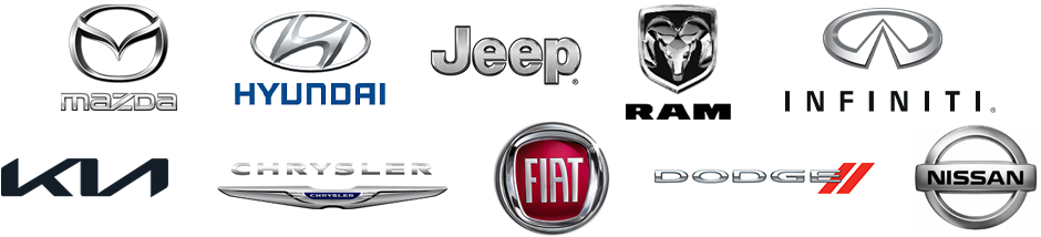 Logos of car brands including Mazda, Hyundai, Jeep, Ram, Infiniti, Kia, Chrysler, Fiat, Dodge, and Nissan.