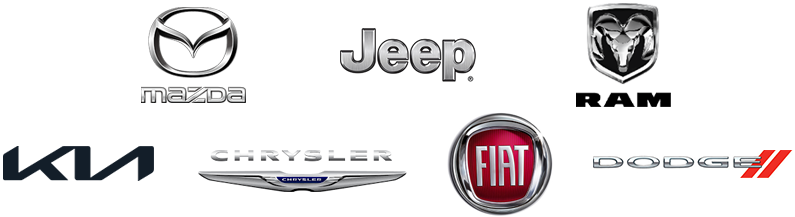 Logos of car brands: Mazda, Jeep, Ram, Kia, Chrysler, Fiat, and Dodge.