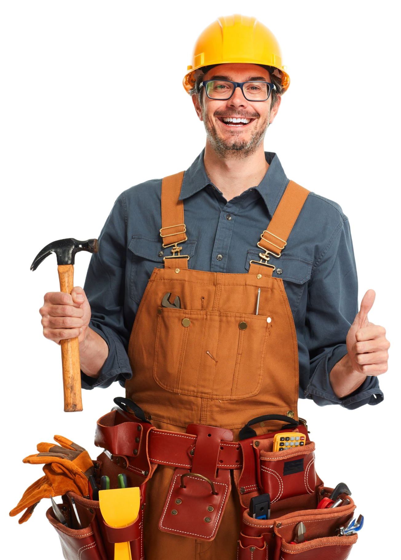 Construction worker smiling, holding hammer, wearing helmet and tool belt, giving thumbs up.