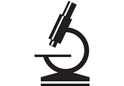 Eine schwarzweiße Silhouette eines Mikroskops auf weißem Hintergrund.