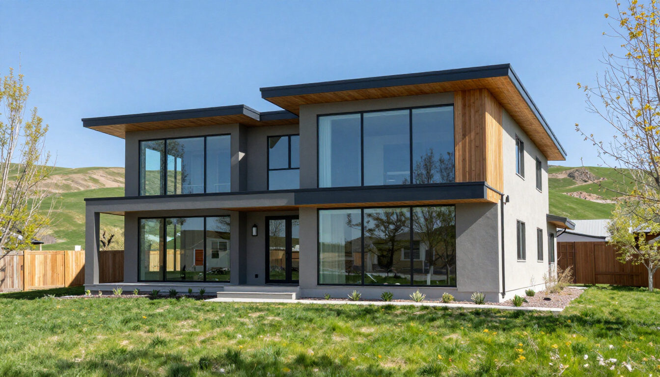 A two-story modern house with large windows, gray stucco siding, and natural wood accents under a clear blue sky.