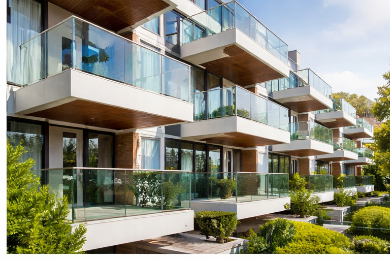 Modern building with balconies and glass railings. Sunny day with greenery.
