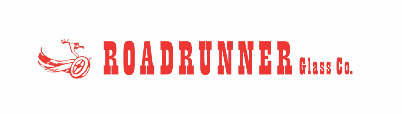 Logo for Roadrunner Glass Co. Red text and motorcycle graphic on white.