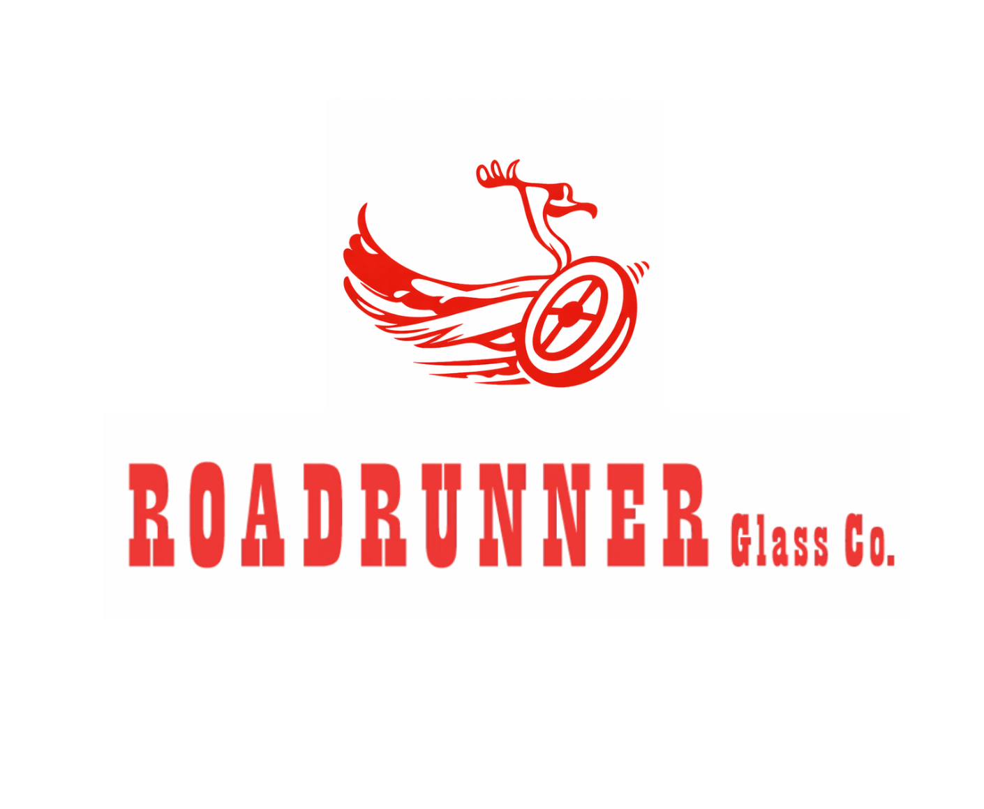 A red logo featuring a stylized roadrunner bird running with a glass pane, followed by the text 