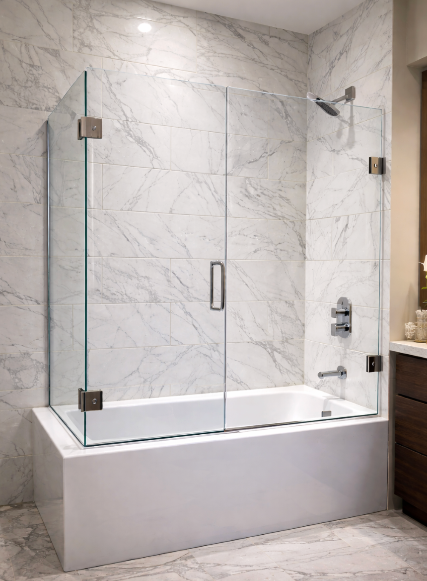 Glass shower enclosure over a white bathtub against marble tile wall. Brushed nickel fixtures.