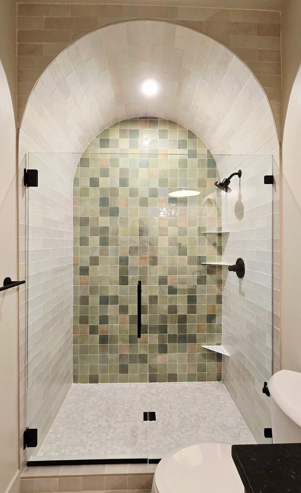 Bathroom with arched shower enclosure, glass door, dark fixtures, and green-toned mosaic tile.