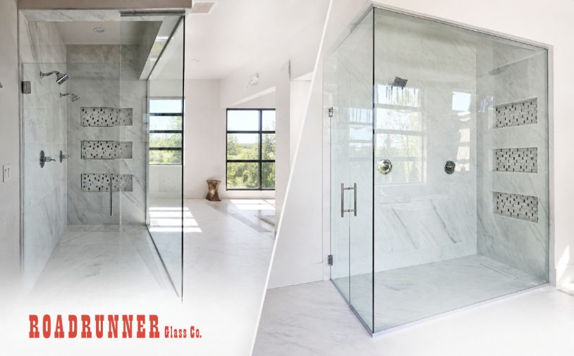 Modern glass frameless shower enclosure in a bright tiled bathroom, with red “Frameless Shower Enclosures” text.