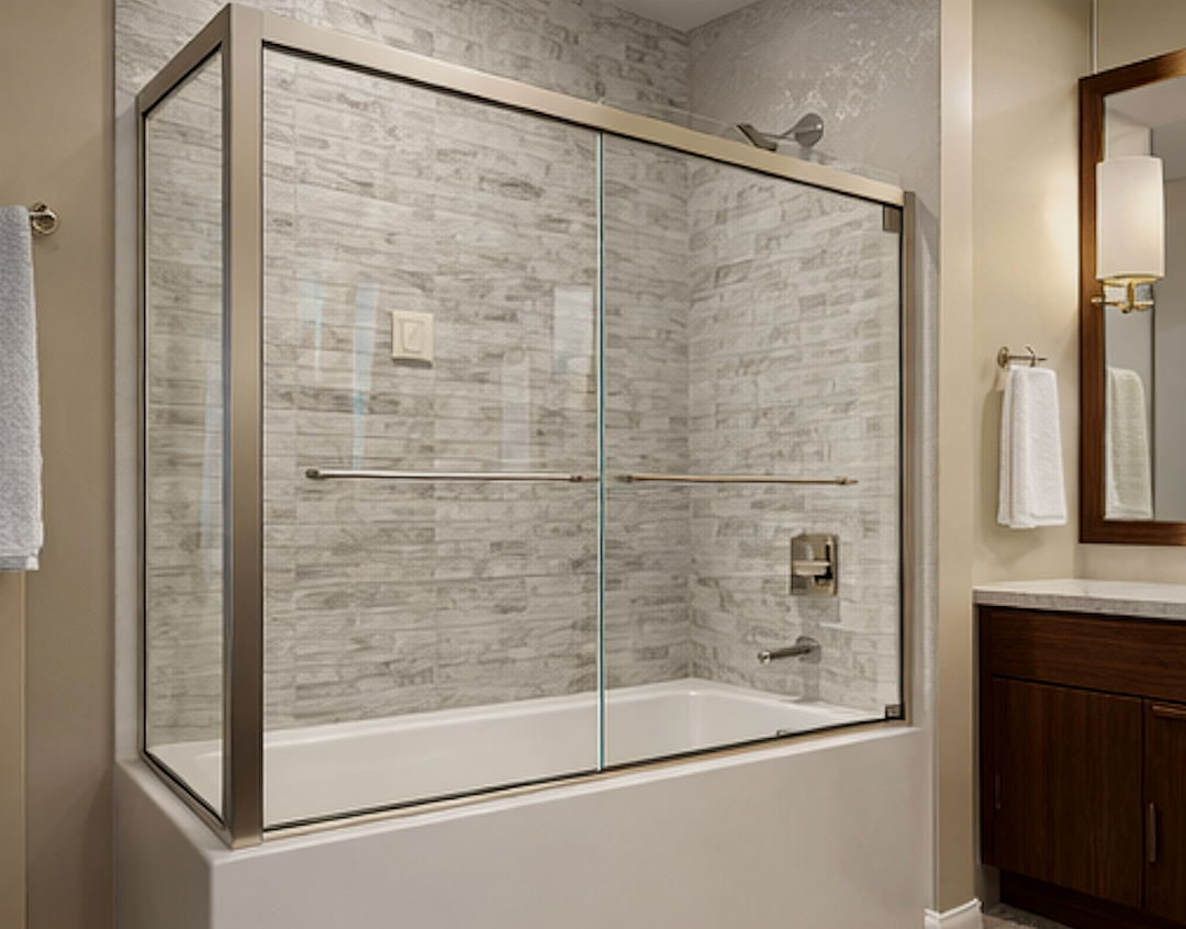 Bathroom with a sliding glass shower door over a white bathtub. Neutral-toned tile walls.