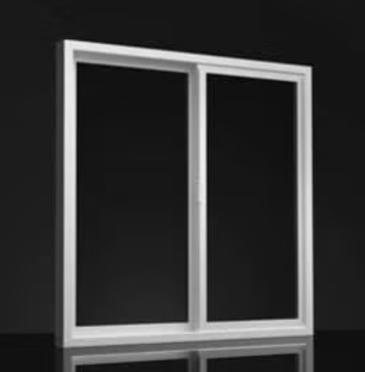 White sliding window with two glass panels against a black background.