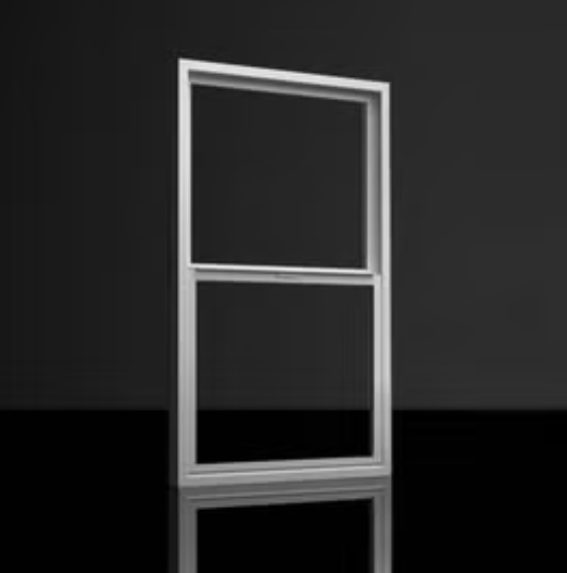 White double-hung window frame on a reflective black surface, set against a dark background.