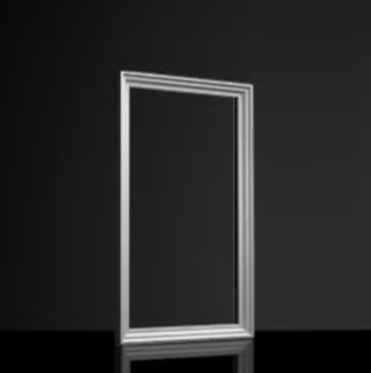 White rectangular picture frame on a black surface.