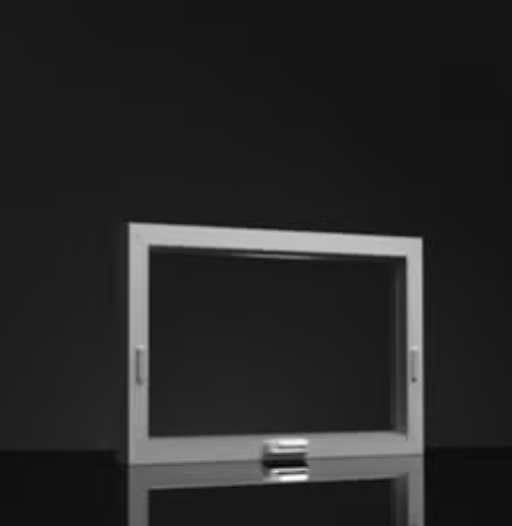 White-framed, rectangular window with a dark interior on a reflective surface against a black background.