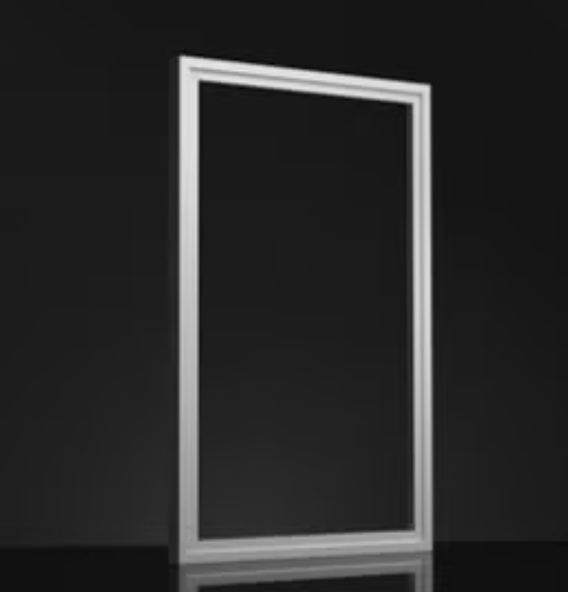 White rectangular picture frame leaning against a dark background.