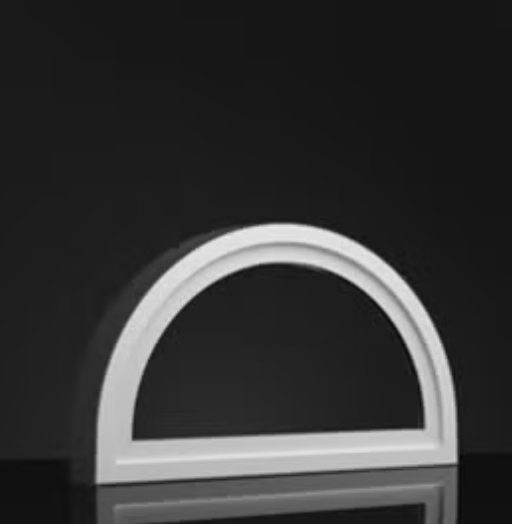 White, arched window frame on reflective surface, black background.