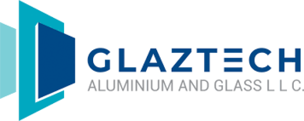 Logo for Glaztech Aluminium and Glass L.L.C.; features blue and teal geometric shapes and company name.