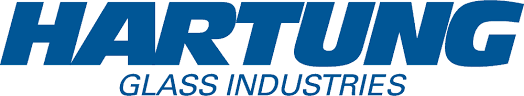 Logo for Hartung Glass Industries, with the company name in blue, and "GLASS INDUSTRIES" below.