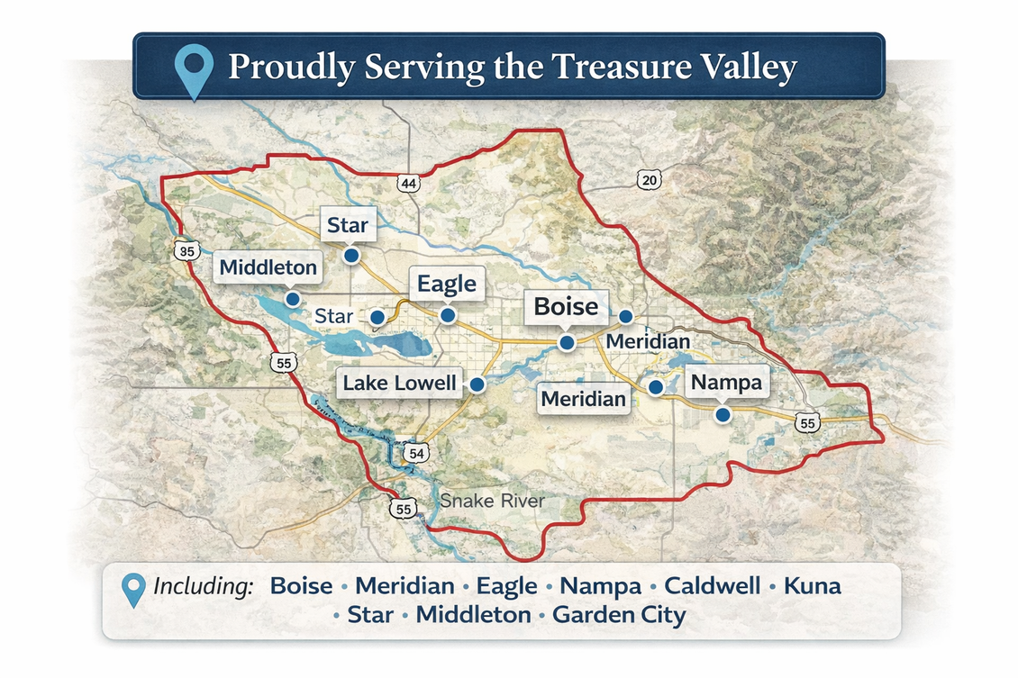 A map of the Treasure Valley, Idaho, showing service areas including Boise, Meridian, Eagle, Nampa, Caldwell, and Kuna.