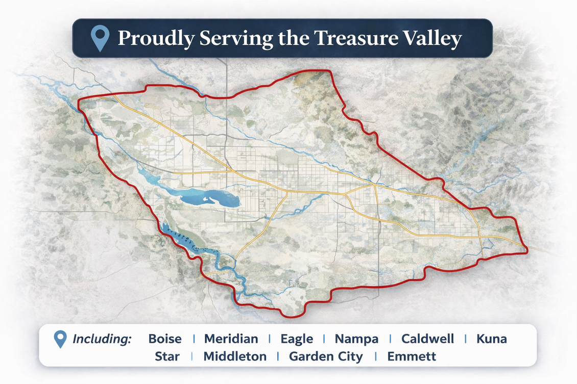 A map of the Treasure Valley, Idaho, showing service areas including Boise, Meridian, Eagle, Nampa, Caldwell, and Kuna.