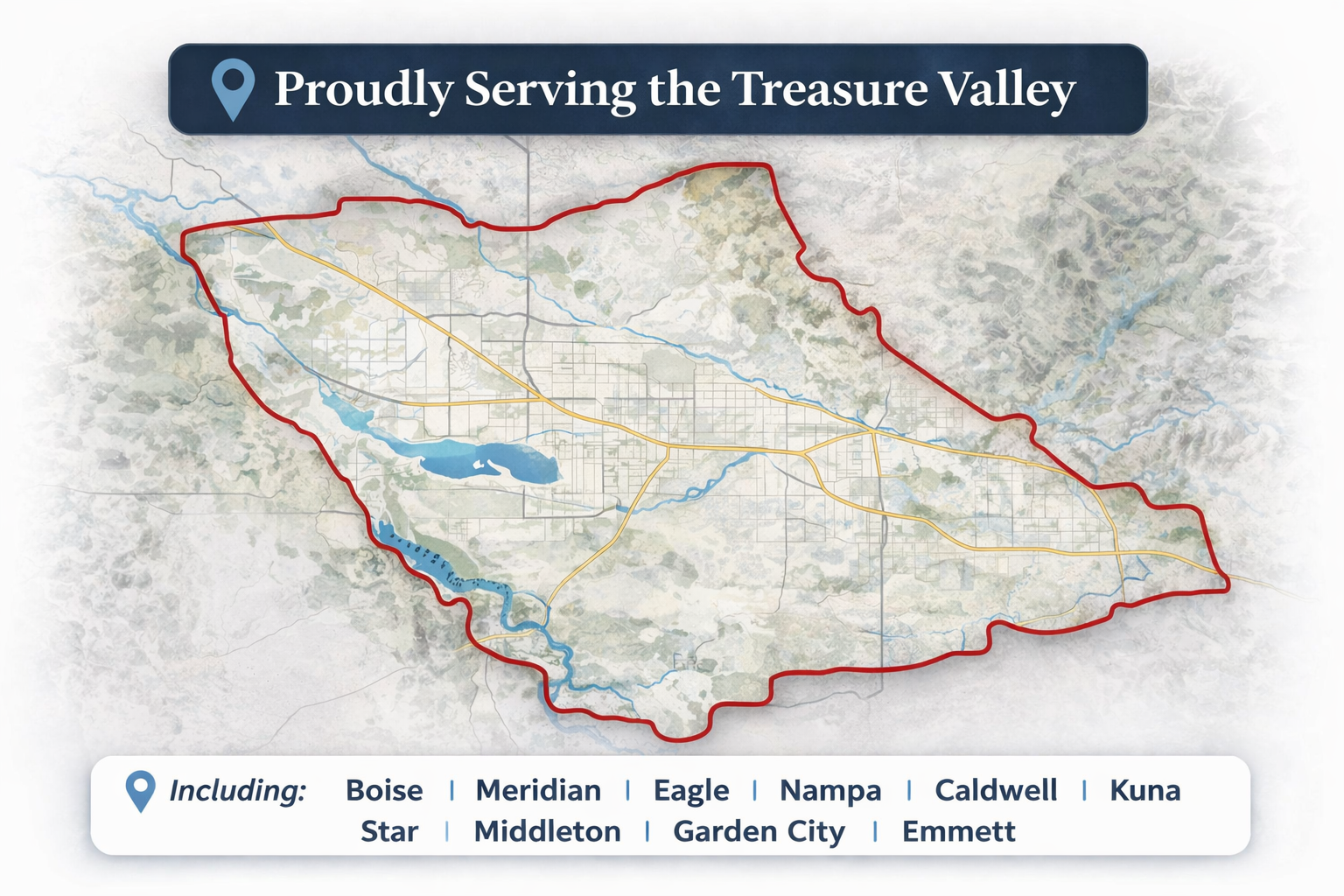 A map of the Treasure Valley, Idaho, showing service areas including Boise, Meridian, Eagle, Nampa, Caldwell, and Kuna.