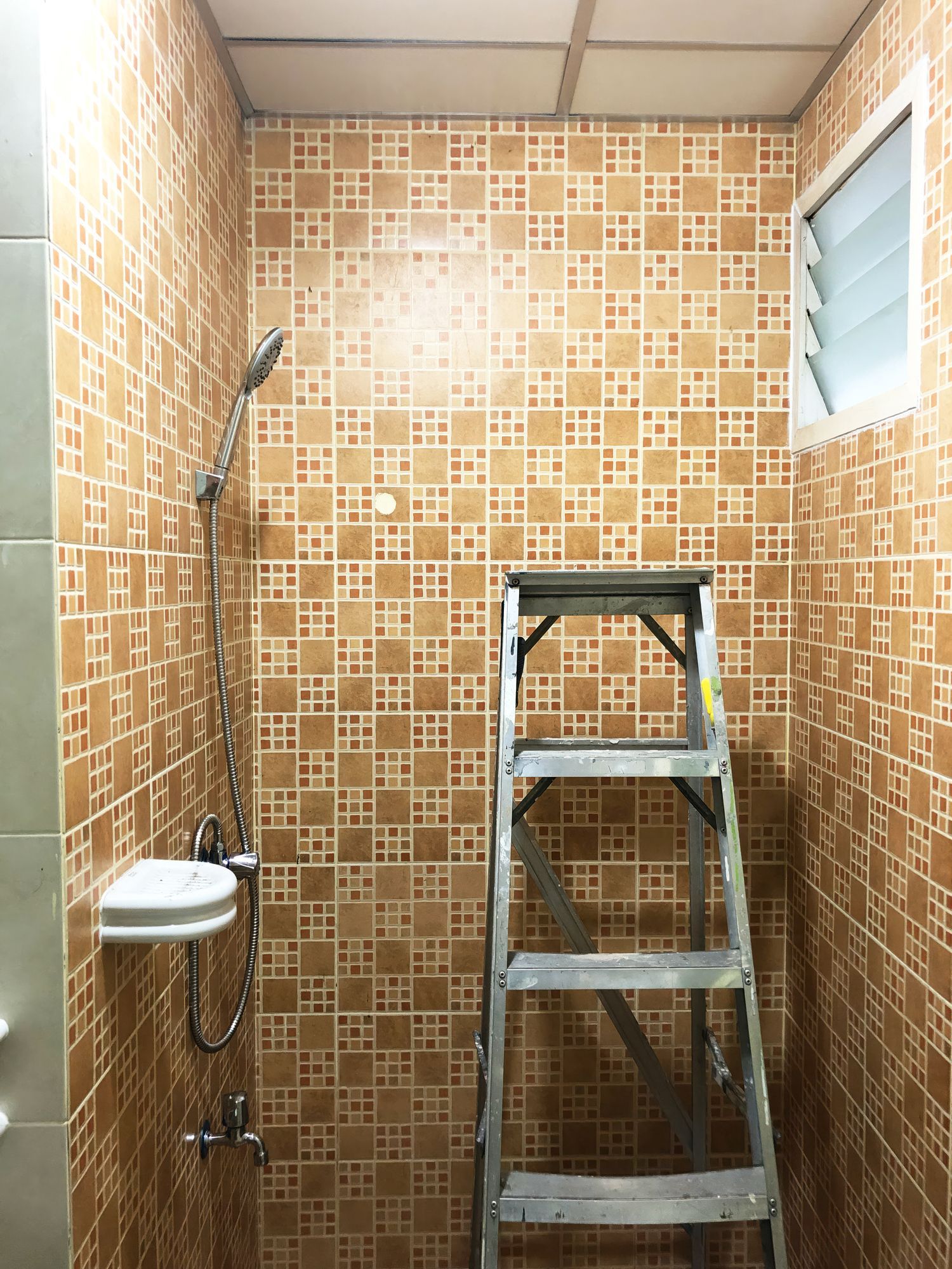 Bathroom with brown tiled walls, shower fixture, ladder, and a small window.